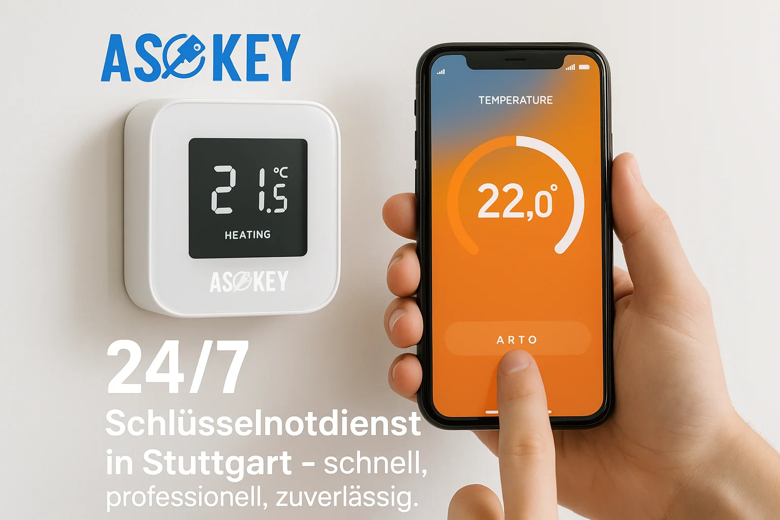 Smartes Thermostat an der Wand, Steuerung per App auf dem Smartphone